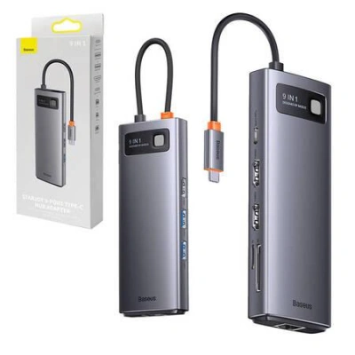 Rozbočovač 9v1 Baseus Metal Gleam Series, USB-C na 2x USB 3.0 + 2x HDMI + USB 2.0 + USB-C PD + Ethernet RJ45 + microSD/SD, 