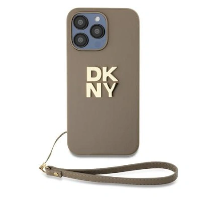 DKNY PU Leather Stack Logo Wrist Strap Zadní Kryt pro iPhone 15 Pro Max Beige