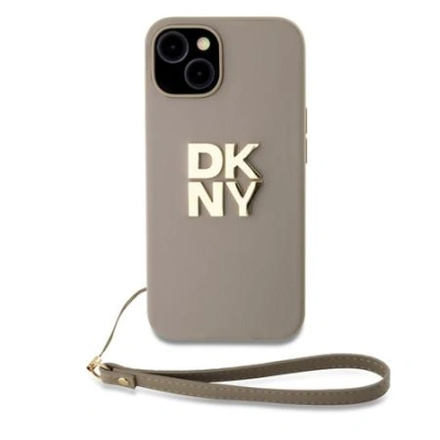 DKNY PU Leather Stack Logo Wrist Strap Zadní Kryt pro iPhone 14 Beige
