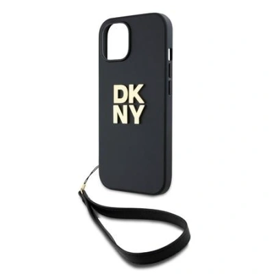 DKNY PU Leather Stack Logo Wrist Strap Zadní Kryt pro iPhone 14 Black